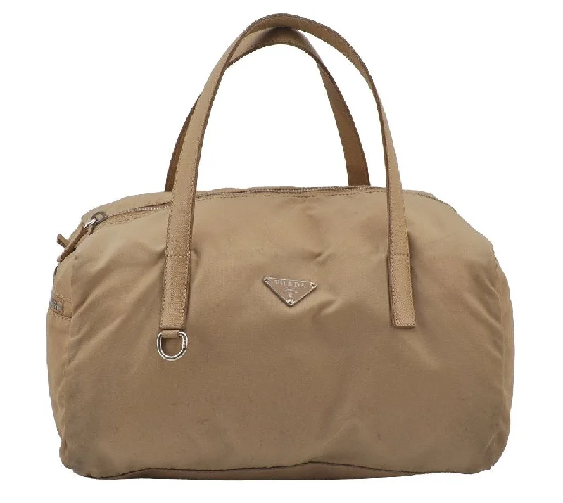 Prada bags with a zippered interior pocket for separating itemsAuthentic PRADA Vintage Nylon Tessuto Leather Hand Boston Bag Purse Beige 7744J