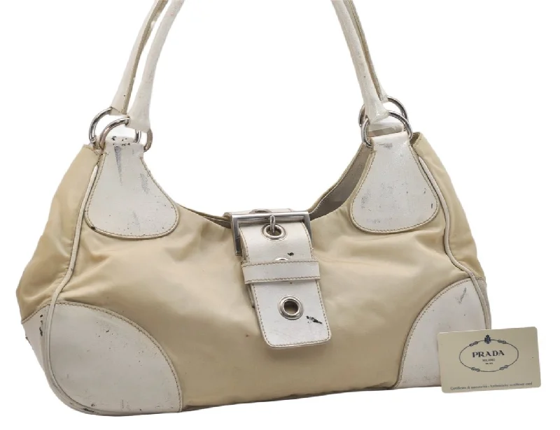 Ladies Prada shoulder bags with a magnetic - closure flap for easy opening and closingAuthentic PRADA Nylon Leather Shoulder Hand Bag BR0810 White Cream 1466K