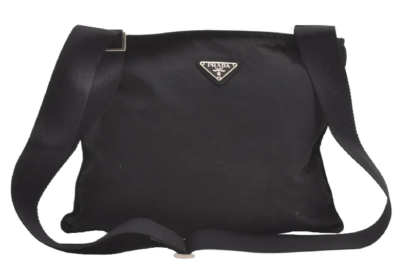 Prada bags with a zip - top closure and multiple interior pockets for organizationAuthentic PRADA Nylon Tessuto Leather Shoulder Cross Body Bag Black 0533K