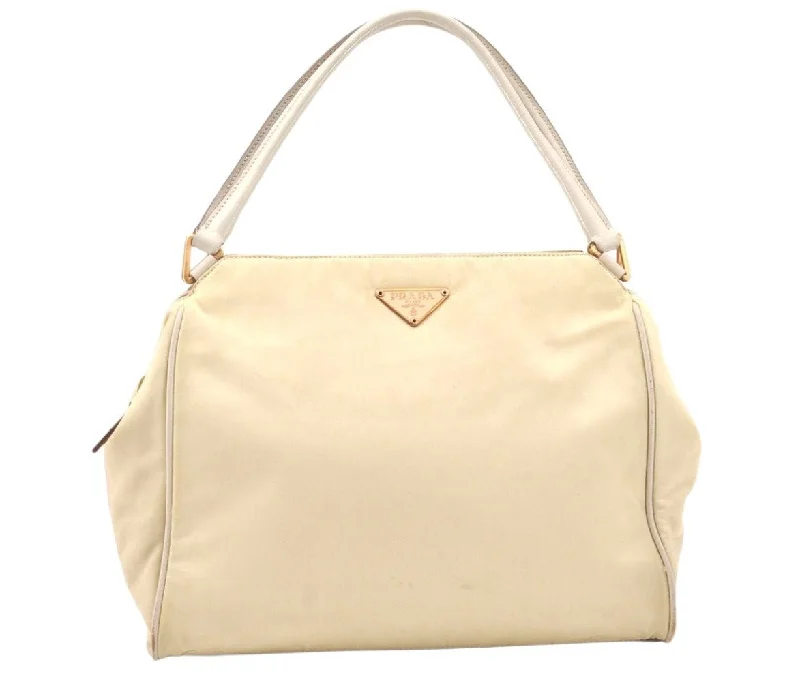 Prada handbags with a perforated leather detail for a unique and breathable designAuthentic PRADA Nylon Tessuto Leather Shoulder Hand Bag Purse White 5797K