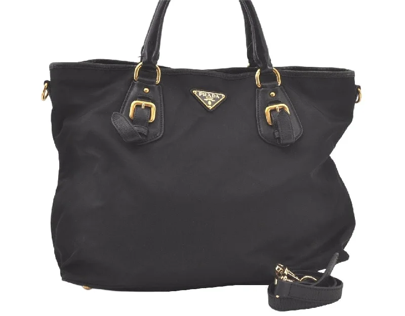 Prada bags with a back - zip pocket for storing valuables securelyAuthentic PRADA Vintage Nylon Tessuto Leather 2Way Shoulder Tote Bag Black 6671K