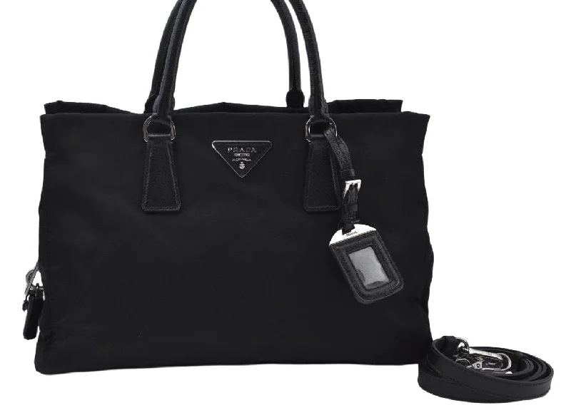 Medium - sized Prada tote bags in classic black for everyday versatilityAuthentic PRADA Nylon Leather 2Way Shoulder Hand Bag Purse Black L0111