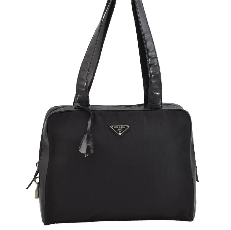 Prada bags with a back - zip pocket for storing valuables securelyAuthentic PRADA Vintage Nylon Tessuto Leather Tote Shoulder Bag Black 9334J