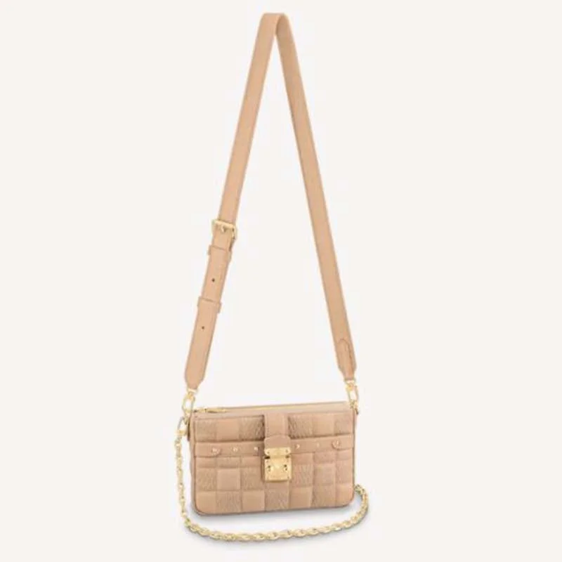 Ladies Louis Vuitton shoulder bags with a wide - width strap for comfortLouis Vuitton LV Women Pochette Troca Handbag Cashmere Beige Damier Quilt Lamb Leather