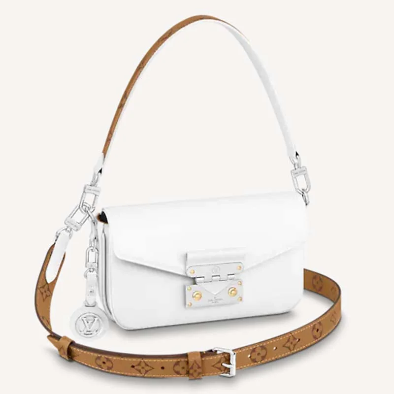 Ladies Louis Vuitton Petite Malle bags with a star - shaped charm for cutenessLouis Vuitton LV Women Swing White Calfskin Leather Monogram Canvas S Lock