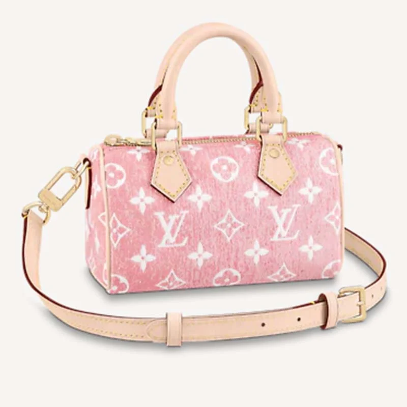 Louis Vuitton Alma bags featuring the signature top - handle designLouis Vuitton LV Women Nano Speedy Monogram Jacquard Denim Pink Cowhide Leather