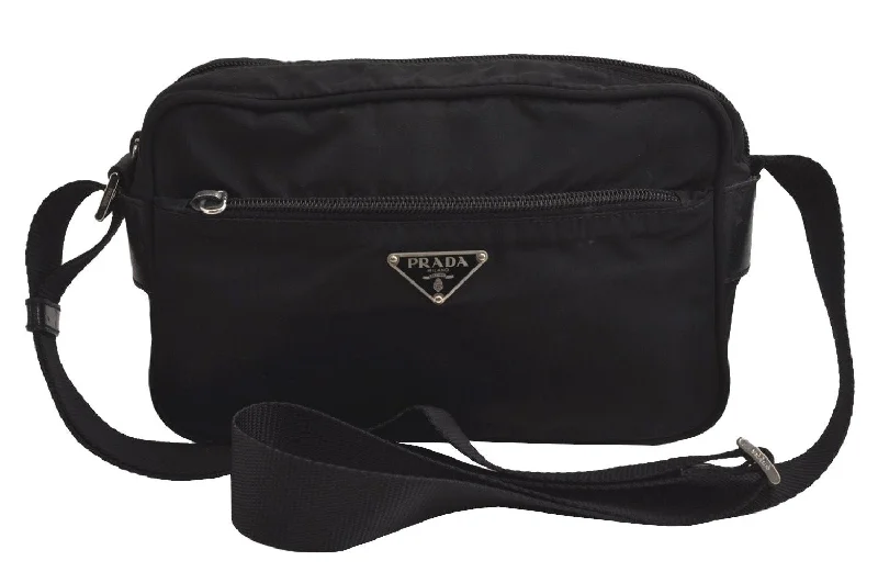 Prada handbags with a patent - leather finish for a shiny and sophisticated appearanceAuthentic PRADA Nylon Tessuto Leather Shoulder Cross Body Bag Purse Black 7645J