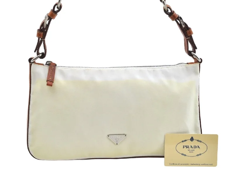 Prada tote bags with a printed Prada logo on the front for brand visibilityAuthentic PRADA Nylon Tessuto Leather Shoulder Hand Bag Purse White L0680