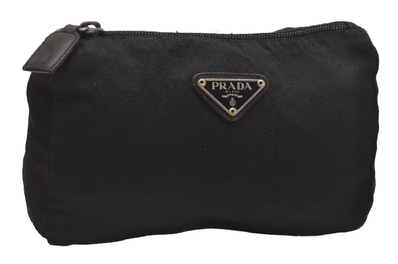 Prada tote bags with a printed Prada logo on the front for brand visibilityAuthentic PRADA Vintage Nylon Tessuto leather Pouch Purse Black 6986J