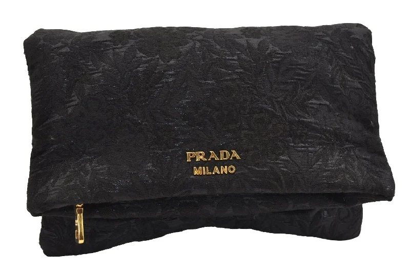 Prada bags with a zippered interior pocket for separating itemsAuthentic PRADA Vintage Flower Pattern Wool Clutch Hand Bag Purse Black 9218J