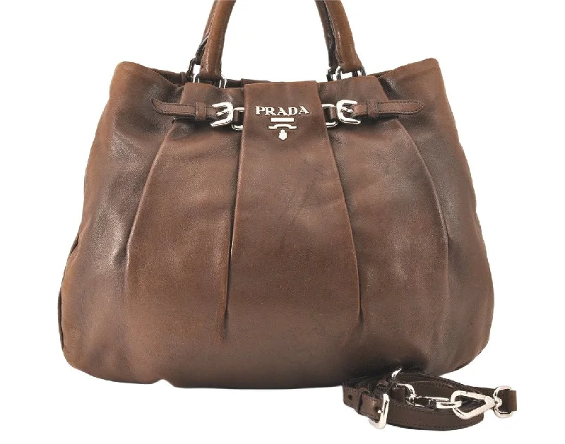 Ladies Prada Galleria bags with a textured leather surface for a more tactile lookAuthentic PRADA Vintage Leather 2Way Shoulder Tote Bag Brown 6308K