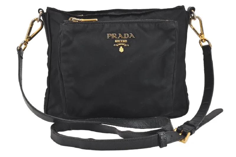 Prada bags with a back - zip pocket for storing valuables securelyAuthentic PRADA Nylon Tessuto Leather Shoulder Cross Body Bag Purse Black 2696K