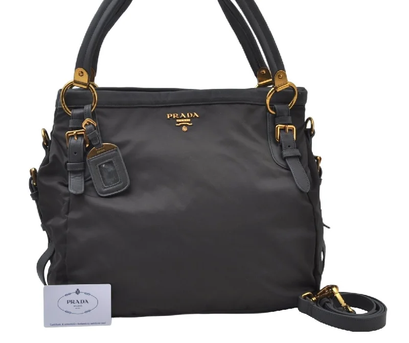 Small - sized Prada Saffiano leather bags for a compact and stylish carryAuthentic PRADA Nylon Leather 2Way Tote Bag BR4290 Gray L0114