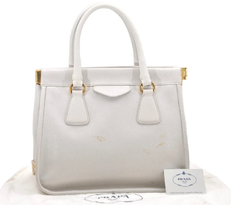 Medium - sized Prada tote bags in classic black for everyday versatilityAuthentic PRADA Saffiano Lux Leather Shoulder Hand Bag BN2185 White 6717K