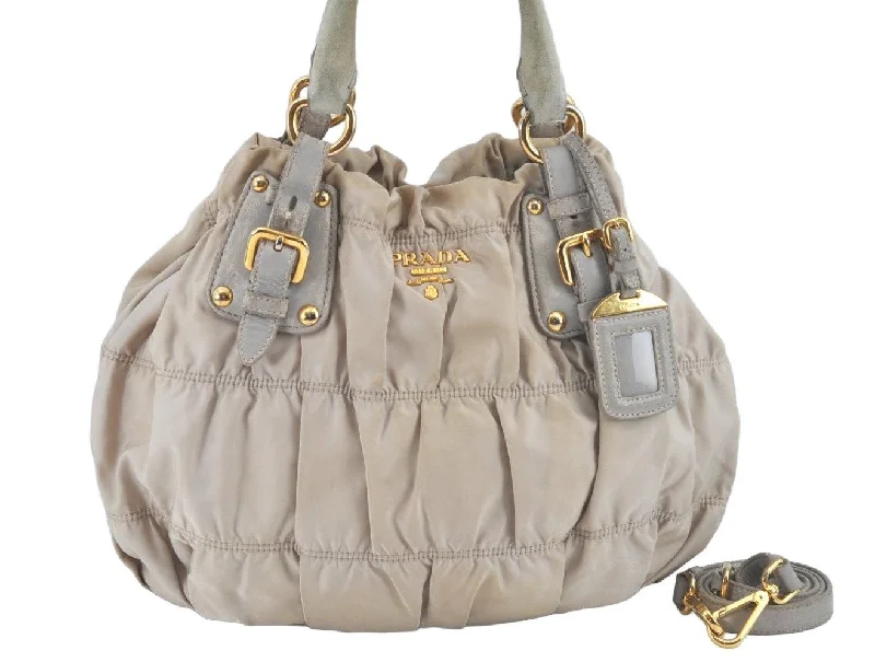 Ladies Prada Re - Edizione 2005 bags with a star - shaped charm for a playful touchAuthentic PRADA Nylon Tessuto Leather 2Way Shoulder Hand Bag Purse Beige L0586