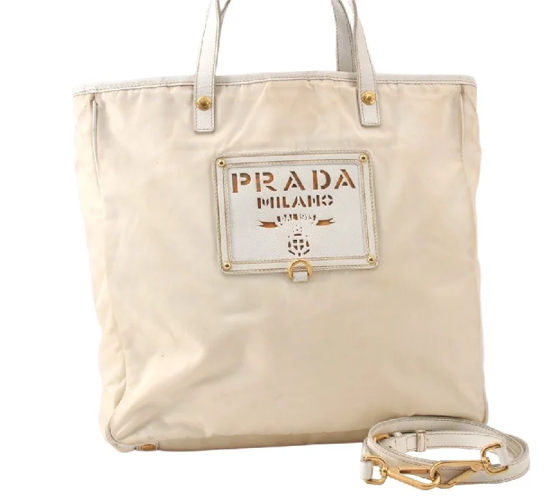 Prada crossbody bags with a woven leather strap for a unique textureAuthentic PRADA Nylon Tessuto Saffiano Leather 2Way Hand Tote Bag White 6422K