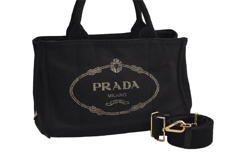 Prada Cahier bags with a leather - wrapped handle for a luxurious feelAuthentic PRADA Vintage Canapa SS Denim 2Way Shoulder Hand Bag Purse Black 2296K