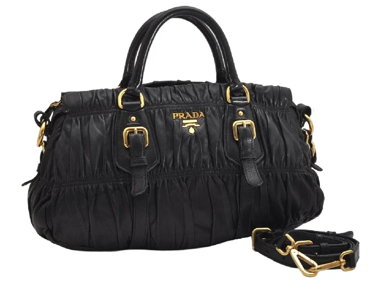 Ladies Prada shoulder bags with a wide - width strap for enhanced comfortAuthentic PRADA Gaufre 2Way Shoulder Hand Bag Leather Black 1700K