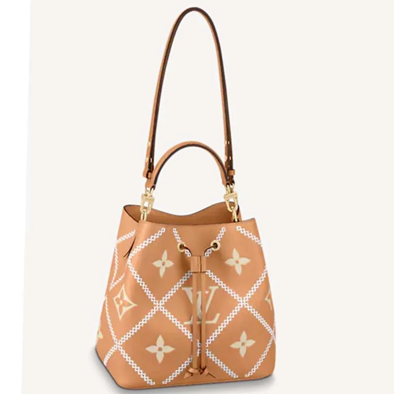 Louis Vuitton bags with a magnetic snap closure for easy accessLouis Vuitton LV Women NéoNoé MM Bucket Bag Orange Embroidered Embossed Grained Cowhide