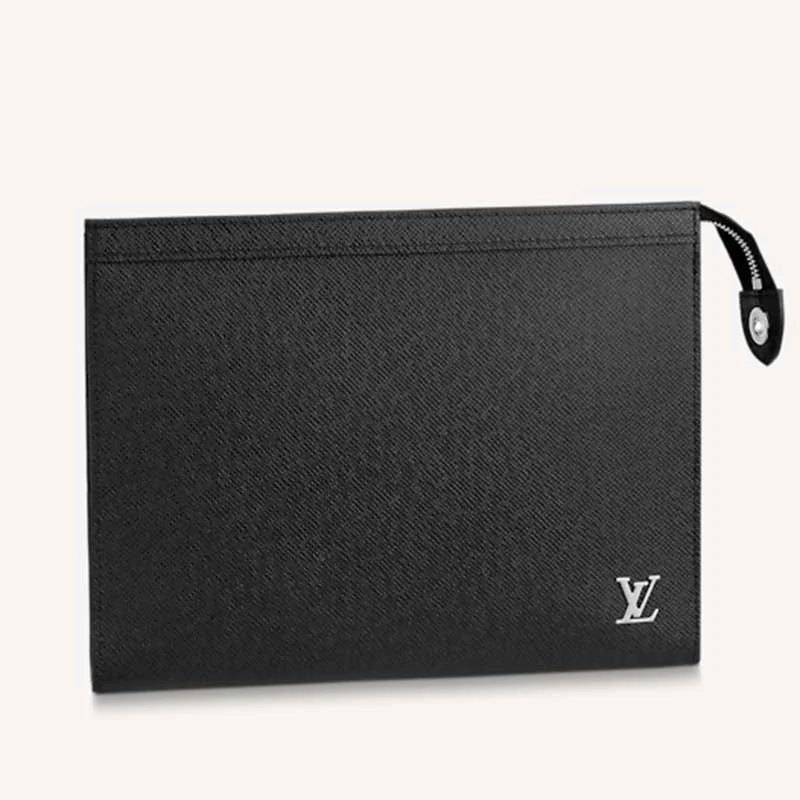 Louis Vuitton handbags with a patent - leather finish for a shiny lookLouis Vuitton LV Unisex Pochette Voyage MM Black Taiga Cowhide Leather