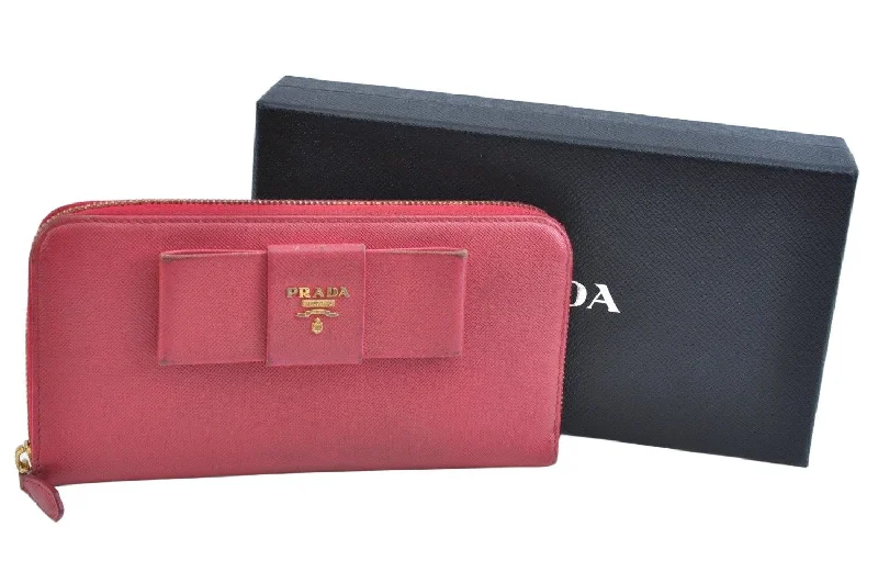 Ladies Prada shoulder bags with a magnetic - closure flap for easy opening and closingAuthentic PRADA Saffiano Ribbon Leather Long Wallet Purse Pink Box 9625J