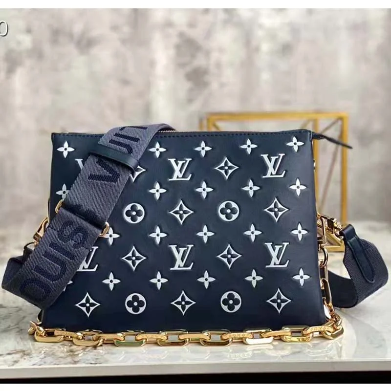 Louis Vuitton backpacks with a padded back panel for comfort during long - wearLouis Vuitton LV Unisex Coussin PM Handbag Navy Blue Denim-Printed Lambskin