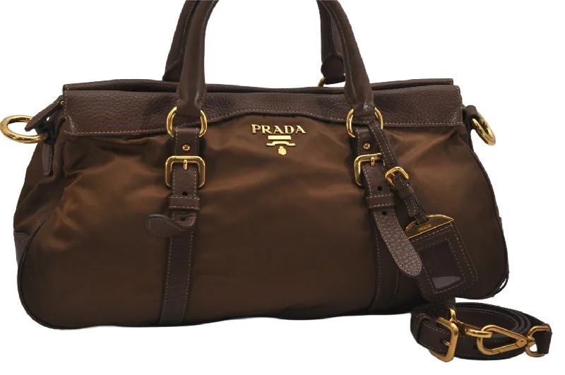 Prada bags with a front - flap pocket for quick access to essentialsAuthentic PRADA Vintage Nylon Tessuto Leather 2Way Shoulder Hand Bag Brown 9889J