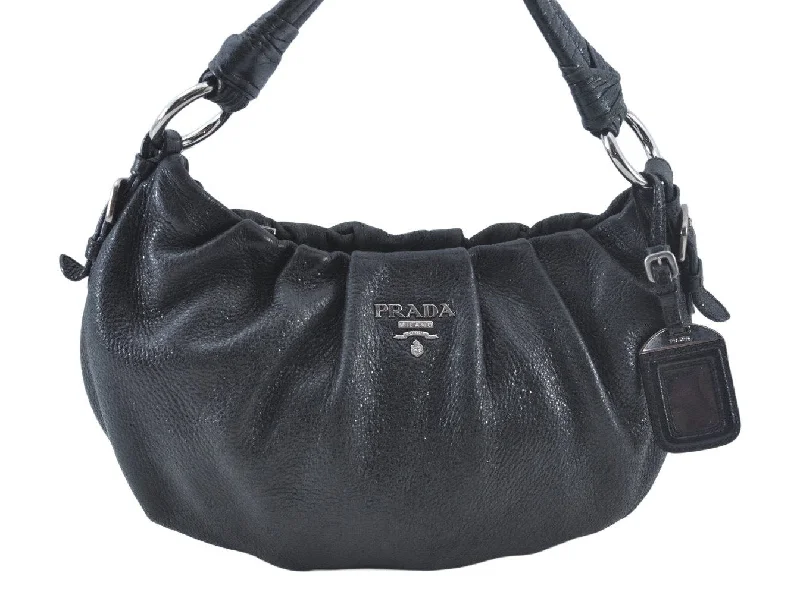 Prada bags with a zip - top closure and multiple interior pockets for organizationAuthentic PRADA Leather Nappa Plastic Shoulder Hand Bag Black K9554