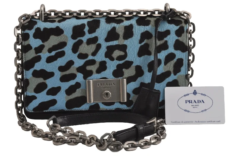 Prada crossbody bags with a keychain holder for practicalityAuth PRADA Tessuto Cavalli Nylon Unborn Calf Shoulder Bag 1BD009 Blue 7004J