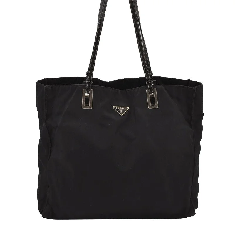 Prada tote bags with a spacious interior and a magnetic - snap closureAuthentic PRADA Vintage Nylon Tessuto Leather Shoulder Tote Bag Black 8458J