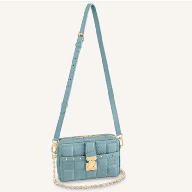 Louis Vuitton handbags with a metal - framed clasp for durabilityLouis Vuitton LV Women Troca PM Handbag Glacier Blue Damier Quilt Lambskin