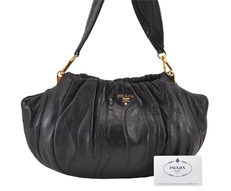 Prada Cleo bags with a detachable coin purse for added functionalityAuthentic PRADA Leather Stripes 2Way Shoulder Bag Purse BN1682 Black 2072K