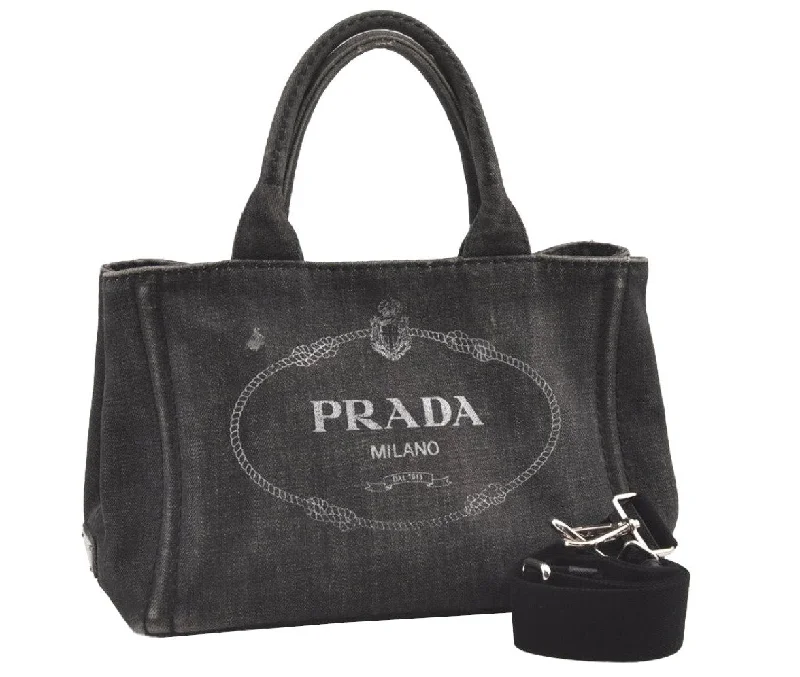 Prada Cahier bags featuring the signature triangular logo plaqueAuthentic PRADA Vintage Canapa SS Denim 2Way Shoulder Hand Bag Purse Gray 8798J