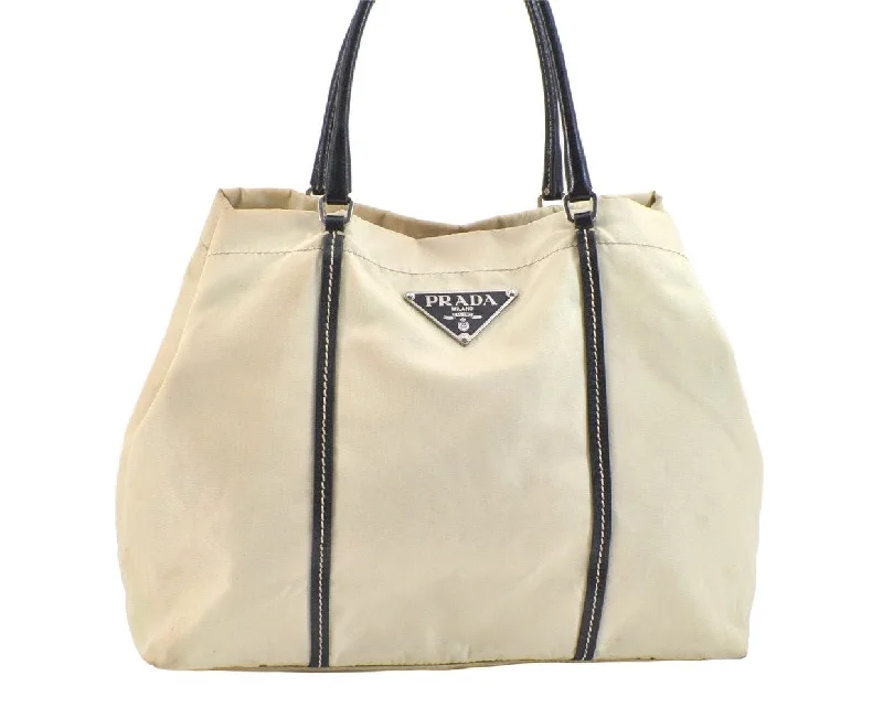 Prada Cleo bags with a snakeskin - effect panel for a bold and trendy lookAuthentic PRADA Nylon Tessuto Leather Shoulder Tote Bag White Cream 6825K