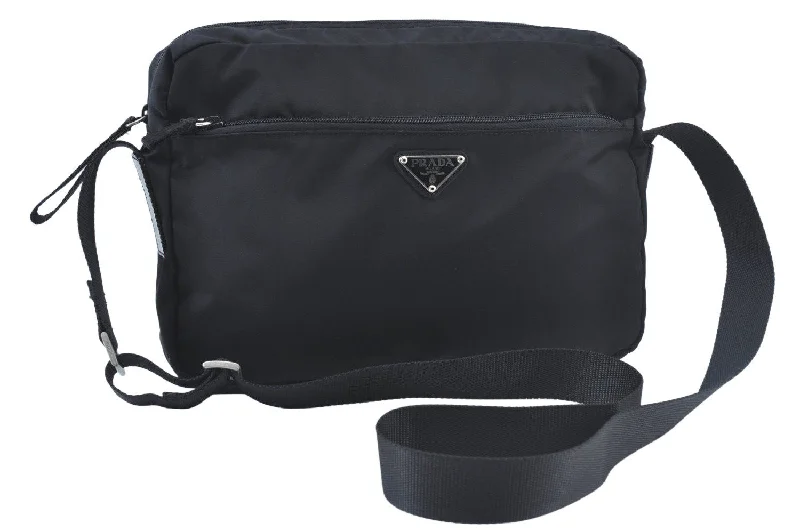 Ladies Prada shoulder bags with a tassel - adorned zipper for added charmAuthentic PRADA Nylon Tessuto Leather Shoulder Cross Body Bag Purse Black 7760J