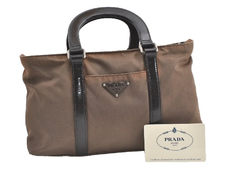 Ladies Prada shoulder bags with a magnetic - closure flap for easy opening and closingAuthentic PRADA Tessuto Spazzolat Nylon Leather 2Way Hand Bag BN1052 Brown 8318J