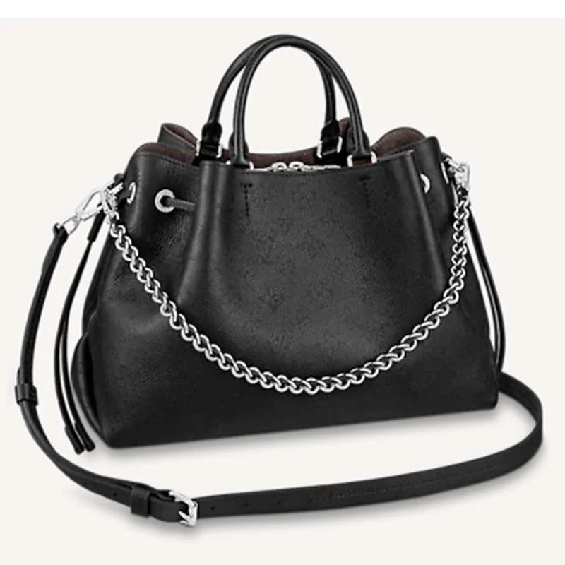 Louis Vuitton bags with a detachable mirror inside for on - the - go touch - upsLouis Vuitton LV Women Bella Tote Black Mahina Perforated Calfskin Calf