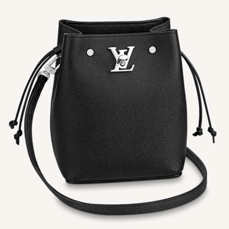 Ladies Louis Vuitton Petite Malle bags with a star - shaped charm for cutenessLouis Vuitton LV Women Nano Lockme Bucket Bag Black Grained Calf Leather