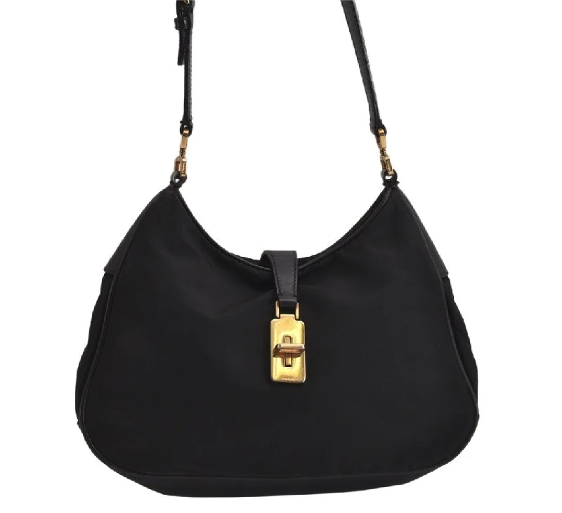 Prada bags with a chain - link trim and a leather body for a modern and stylish edgeAuthentic PRADA Nylon Tessuto Leather Shoulder Hand Bag Purse Black 0163K