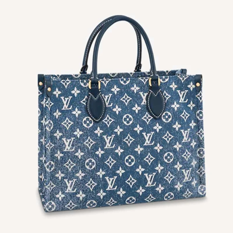 Ladies Louis Vuitton shoulder bags with a magnetic - closure flap for easeLouis Vuitton LV Unisex Onthego MM Tote Navy Blue Denim Jacquard Textile Calf