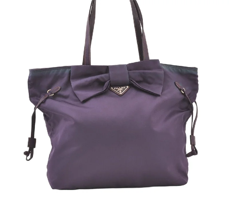 Prada crossbody bags with a woven leather strap for a unique textureAuthentic PRADA Ribbon Nylon Tessuto Saffiano Leather Tote Bag Purple 0193K