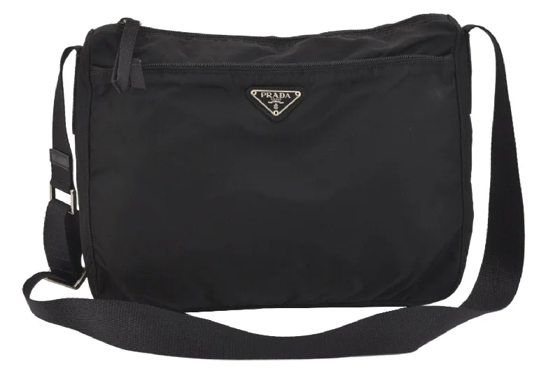 Prada Cahier bags with a detachable shoulder strap for versatile carryingAuthentic PRADA Nylon Tessuto Leather Shoulder Cross Body Bag Purse Black 2694K