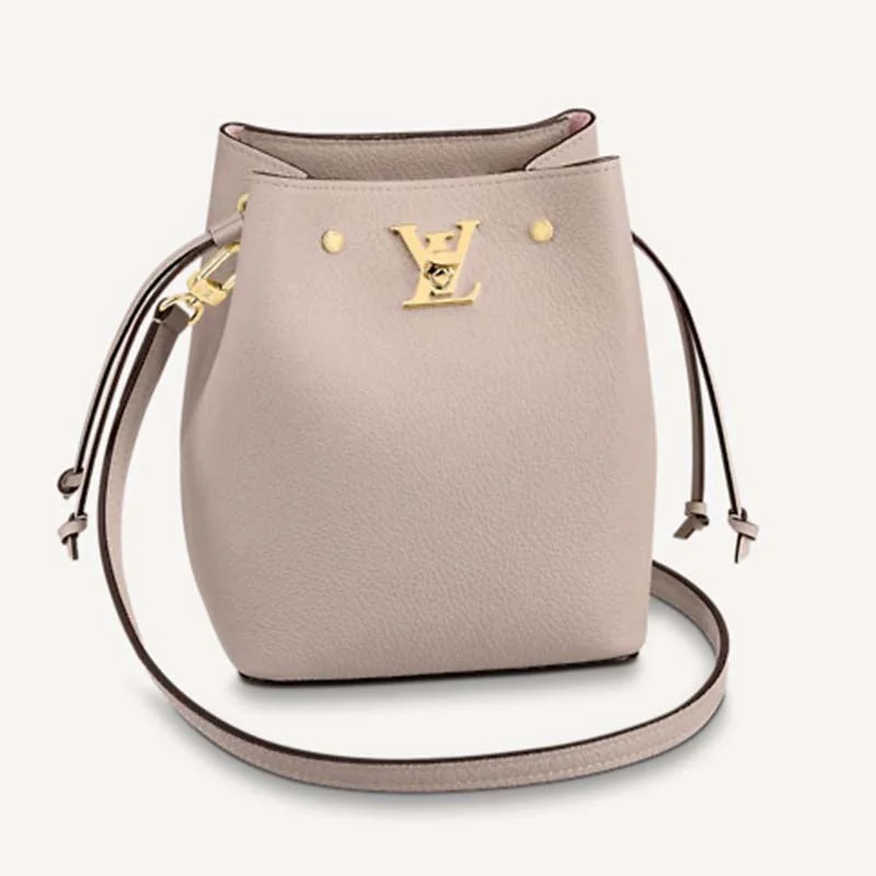 Louis Vuitton handbags with a patent - leather finish for a shiny lookLouis Vuitton LV Women Nano Lockme Bucket Bag Greige Beige Grained Calf