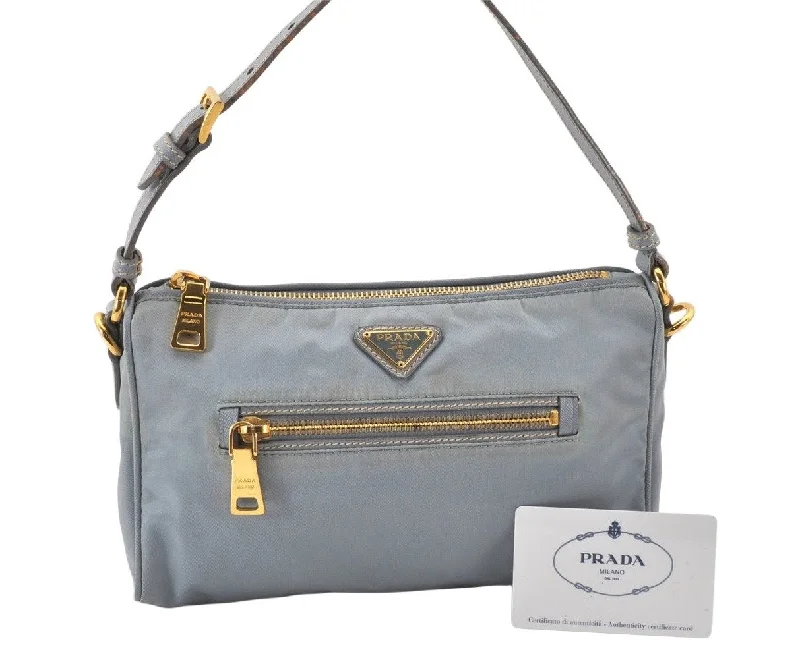 Ladies Prada shoulder bags with a magnetic - closure flap for easy opening and closingAuth PRADA TESSUTO + CALF Nylon Leather Shoulder Bag BN1834 Light Blue 7016K