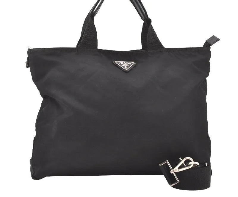 Prada Galleria bags with a structured silhouette for a professional lookAuthentic PRADA Vintage Nylon Tessuto Leather 2Way Shoulder Tote Bag Black 7872J