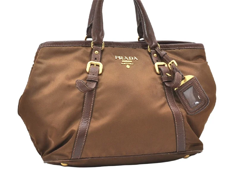 Prada Cleo bags with a contrast - colored interior for visual interestAuthentic PRADA Vintage Nylon Tessuto Leather 2Way Shoulder Tote Bag Brown 2949K