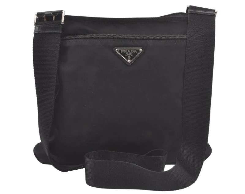 Ladies Prada shoulder bags with a tassel - adorned zipper for added charmAuthentic PRADA Nylon Tessuto Leather Shoulder Cross Body Bag Purse Black 6593K