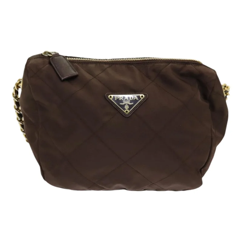 Prada bags with a chain - link trim and a leather body for a modern and stylish edgePRADA Chain Shoulder Bag Nylon Brown Gold  bs16536