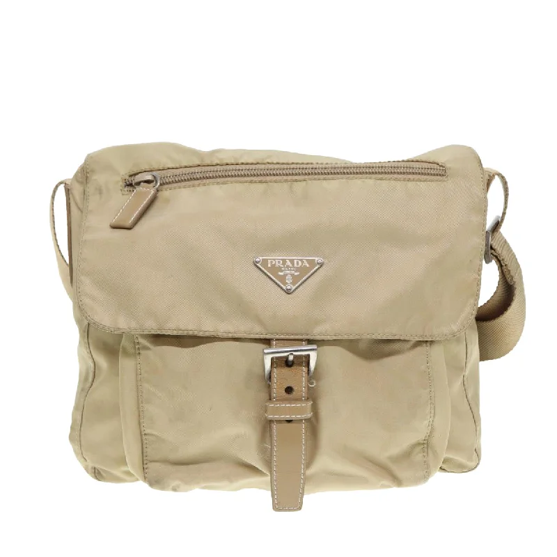 Prada Galleria bags with a structured silhouette for a professional lookPRADA Shoulder Bag Nylon Beige Silver  yk14425