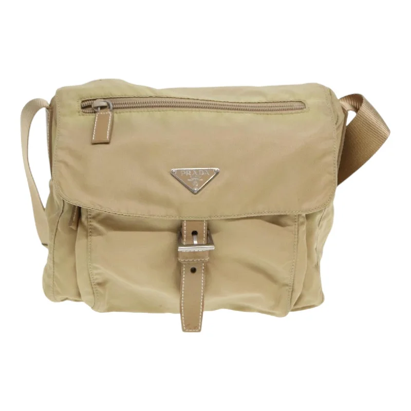 Prada bags with a snap - button closure and a decorative charm for a fashionable lookPRADA Shoulder Bag Nylon Beige Silver  86647